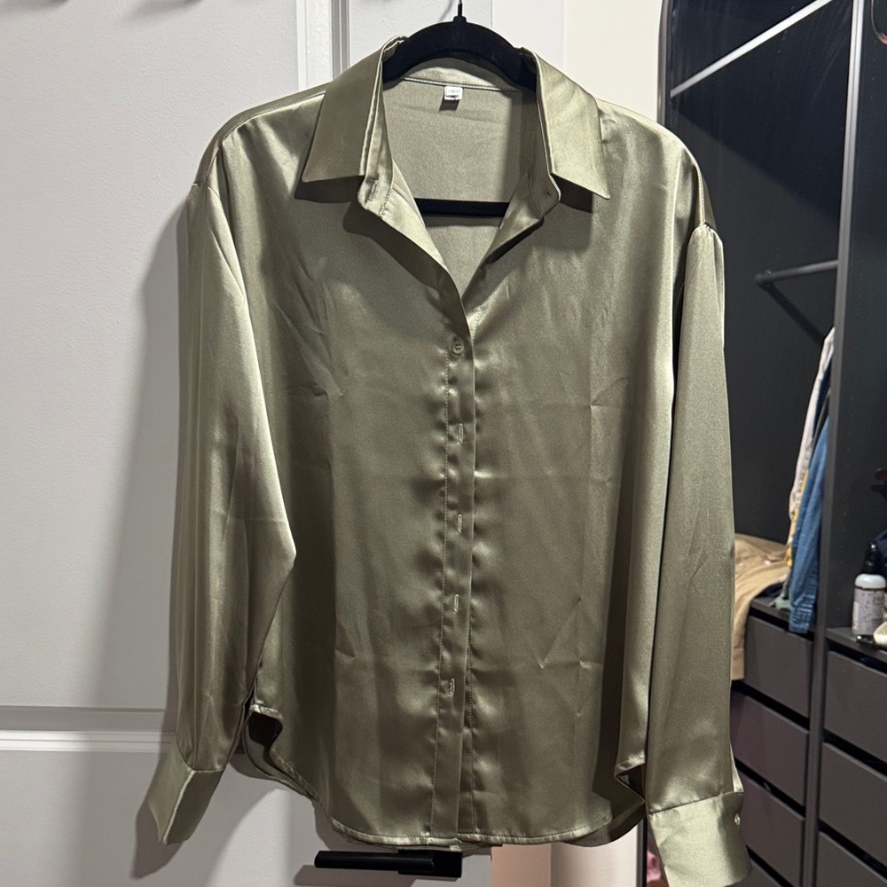 Womens Olive Green Satin Shirt